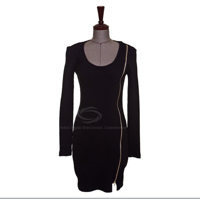 Scoop Neck Solid Color Zip Decorated Women's Long Sleeve Dresses