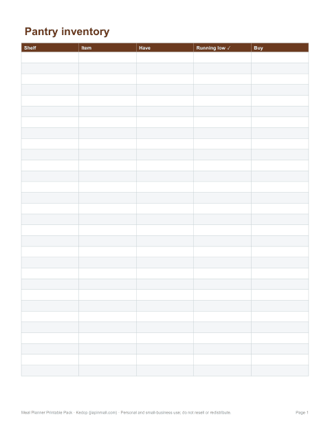 Preview of the first page of Pantry inventory