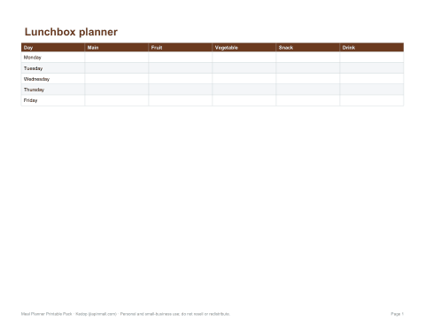 Preview of the first page of Lunchbox planner